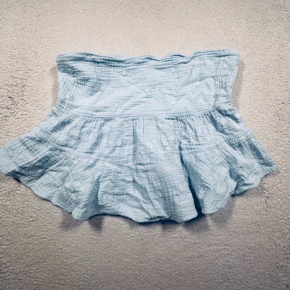 American Eagle Tube Top Womens Medium Blue‎ Cotton Gauze Embroidered Boho Ruffle